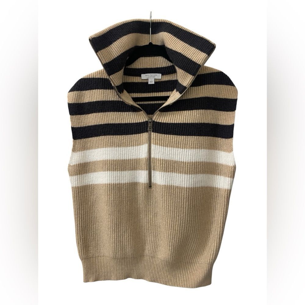 Ann Taylor Tan and Black Striped Zip-Up Sweater Vest